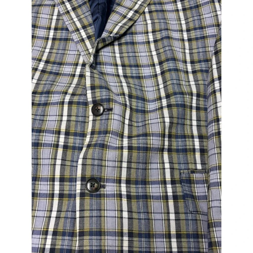 Jos A Bank Mens 44S Plaid Sport Coat Blue Green White 100% Cotton Blazer